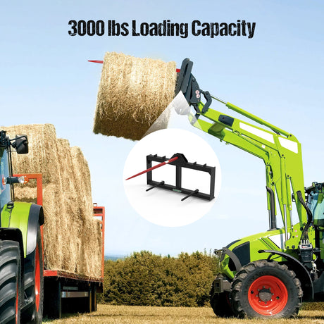 3000lbs Skid Steer Quick Attach Hay Spear Attachment with 49" Hay Spear & 2pcs 17" Stabilizer Spears