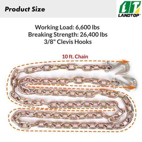 2 Pack Transport Chain with 3/8" Clevis Hooks NACM Standard Grade 70 3/8"x10' Heavy Duty Binding Chain