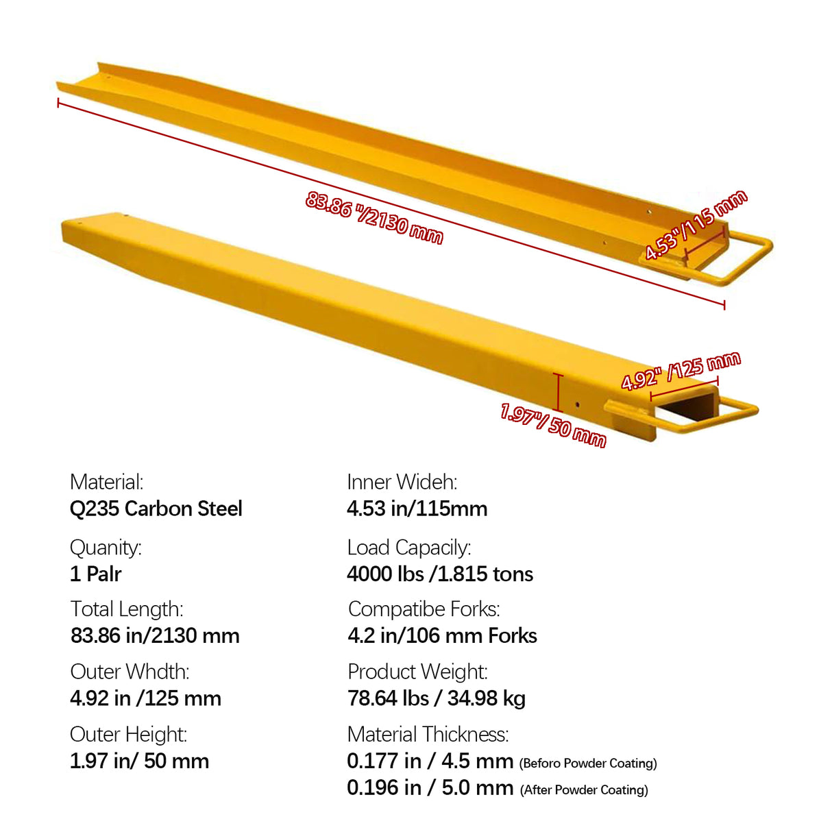 84 Inch Heavy Duty Steel Pallet Fork Extension 4.5 Inch Width Yellow