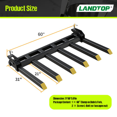 Clamp on Debris Forks to 60" Bucket, 4000 lbs Capacity, Heavy Duty Clamp