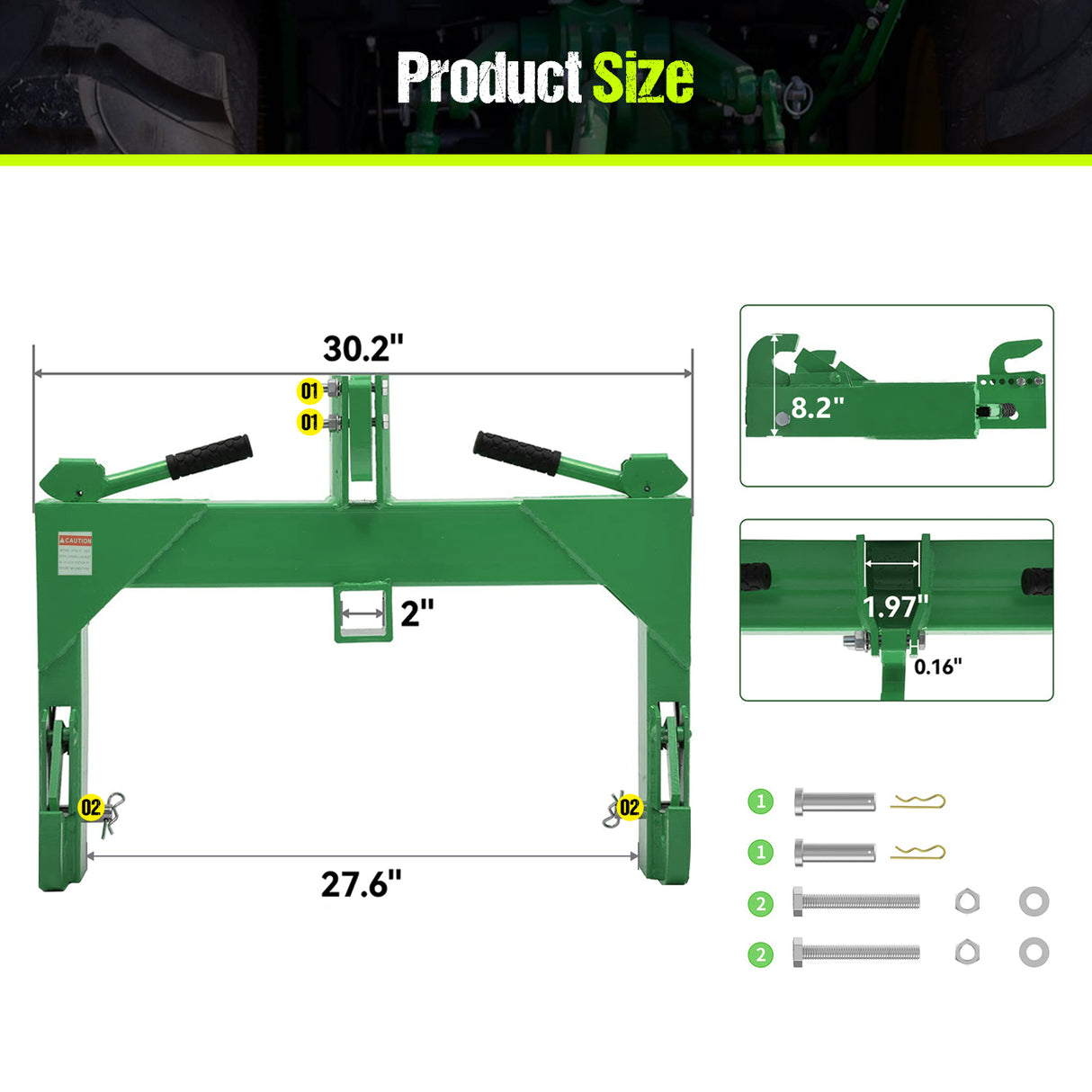 3000lBS 3 Point Quick Hitch with 2" Receiver Hitch & 5 Level Adjustable Bolt Green