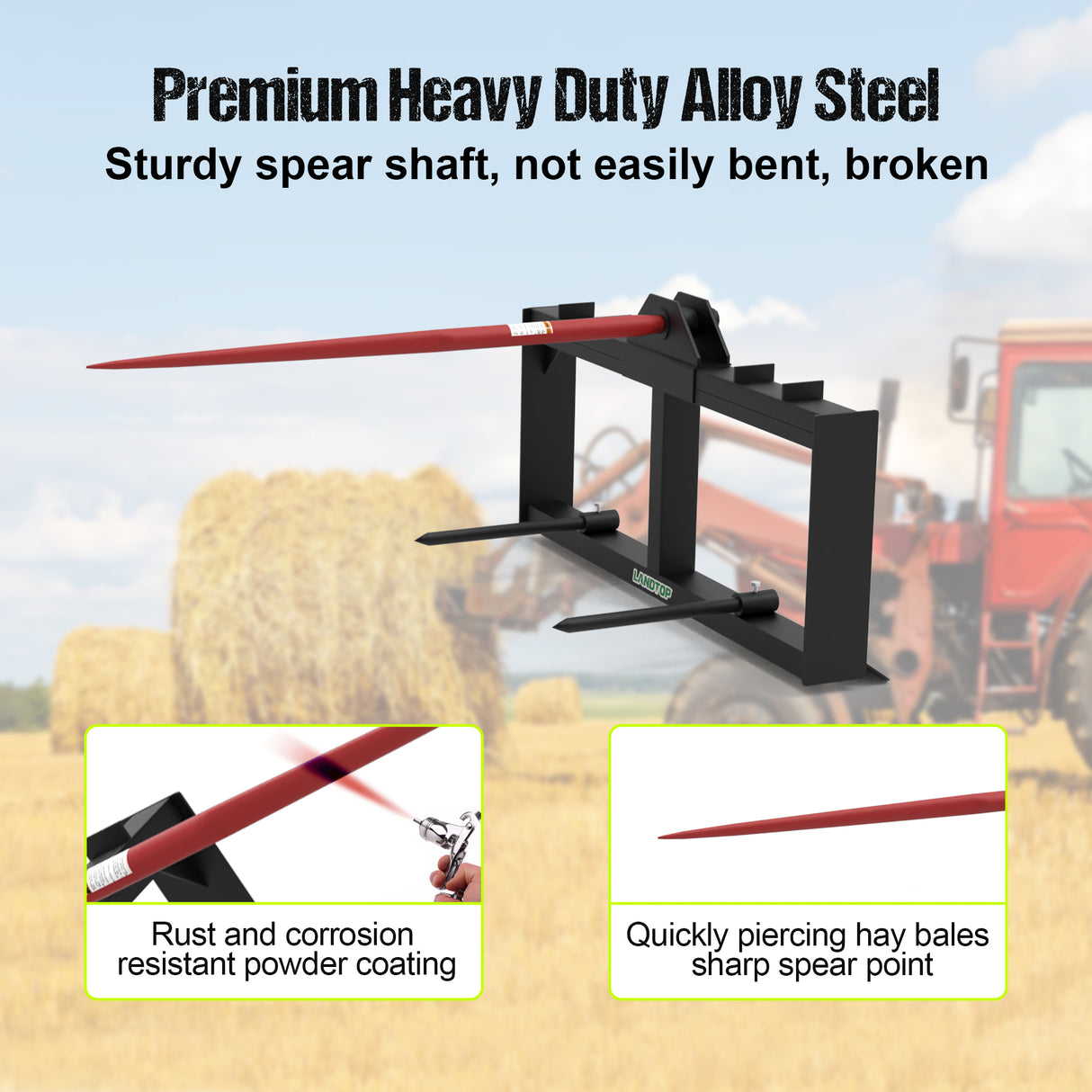 3000lbs Skid Steer Quick Attach Hay Spear Attachment with 49" Hay Spear & 2pcs 17" Stabilizer Spears