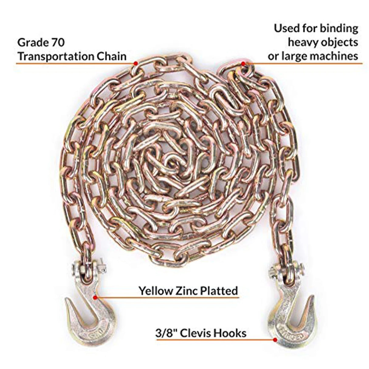 2 Pack Transport Chain with 3/8" Clevis Hooks NACM Standard Grade 70 3/8"x10' Heavy Duty Binding Chain