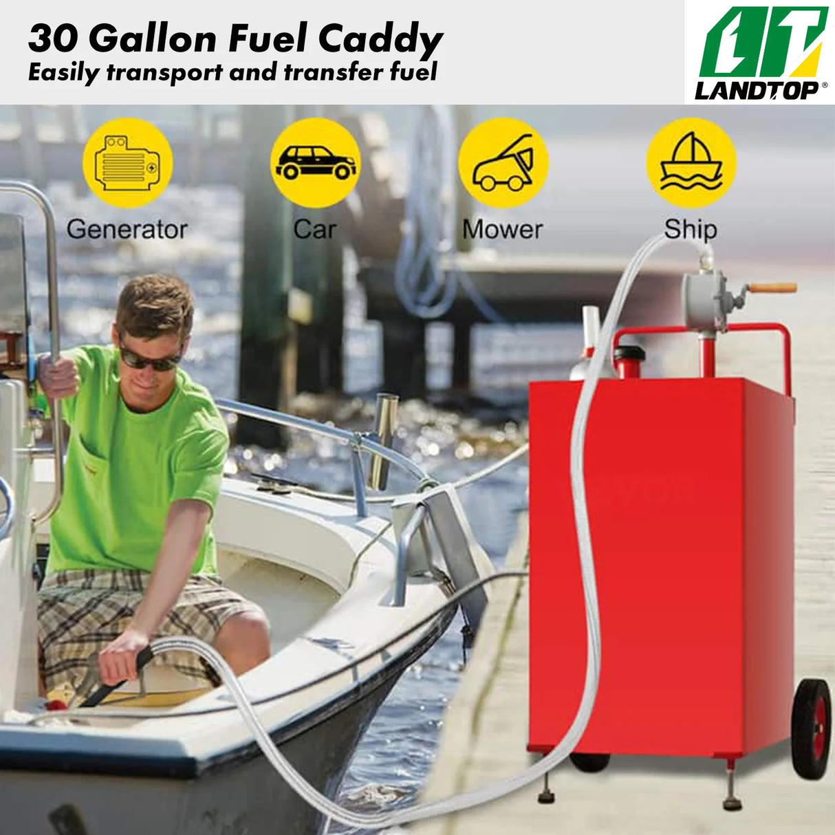 30 Gallon Fuel Caddy, Gas Storage Tank & 4 Wheels, with Manuel Transfer Pump, Gasoline Diesel Fuel Container for Cars, Lawn Mowers, ATVs, Boats, More, Red