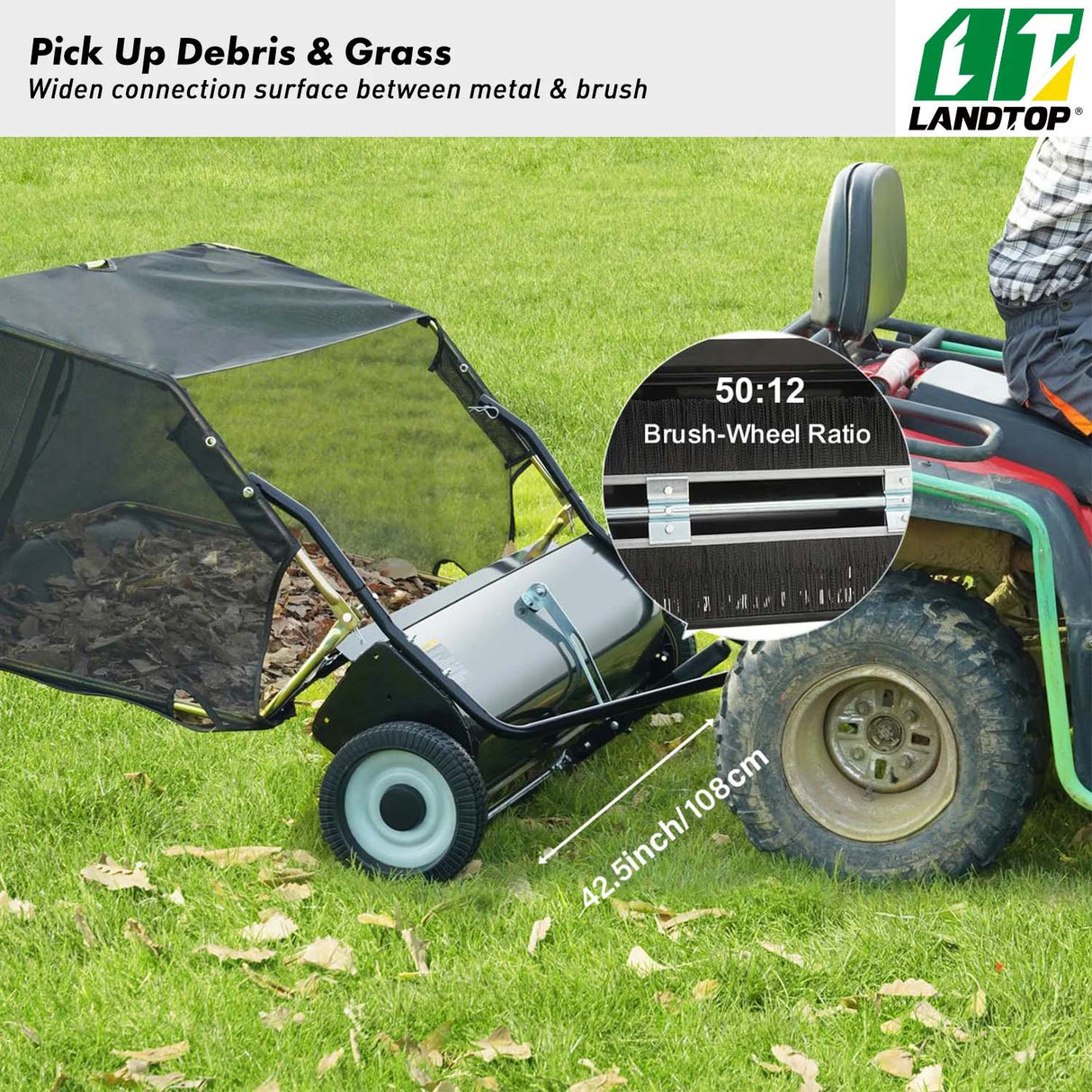 Tow Behind Lawn Sweeper 42.5 Inch, 25 cu. ft Large Capacity Heavy Duty Leaf & Grass Collector with Adjustable Sweeping Height, Dumping Rope Design for Picking Up Debris and Grass