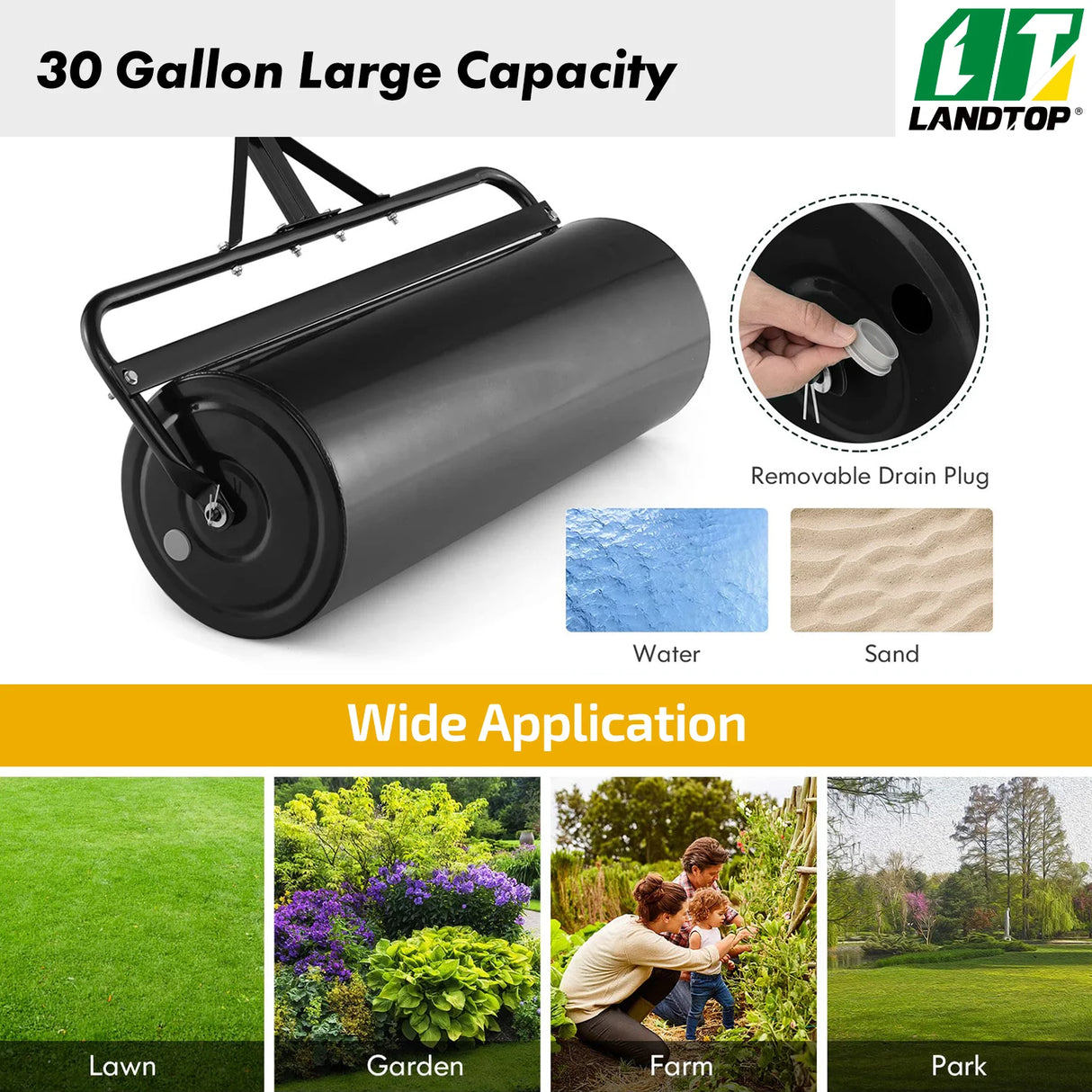 Black Lawn Roller, Push/Tow Behind Lawn Roller, 30 Gallon/113L Water Sand Filled Sod Roller Drum Roller with Detachable Gripping Handle, Yard Roller Pull Behind a Tractor for Garden Yard Park Farm