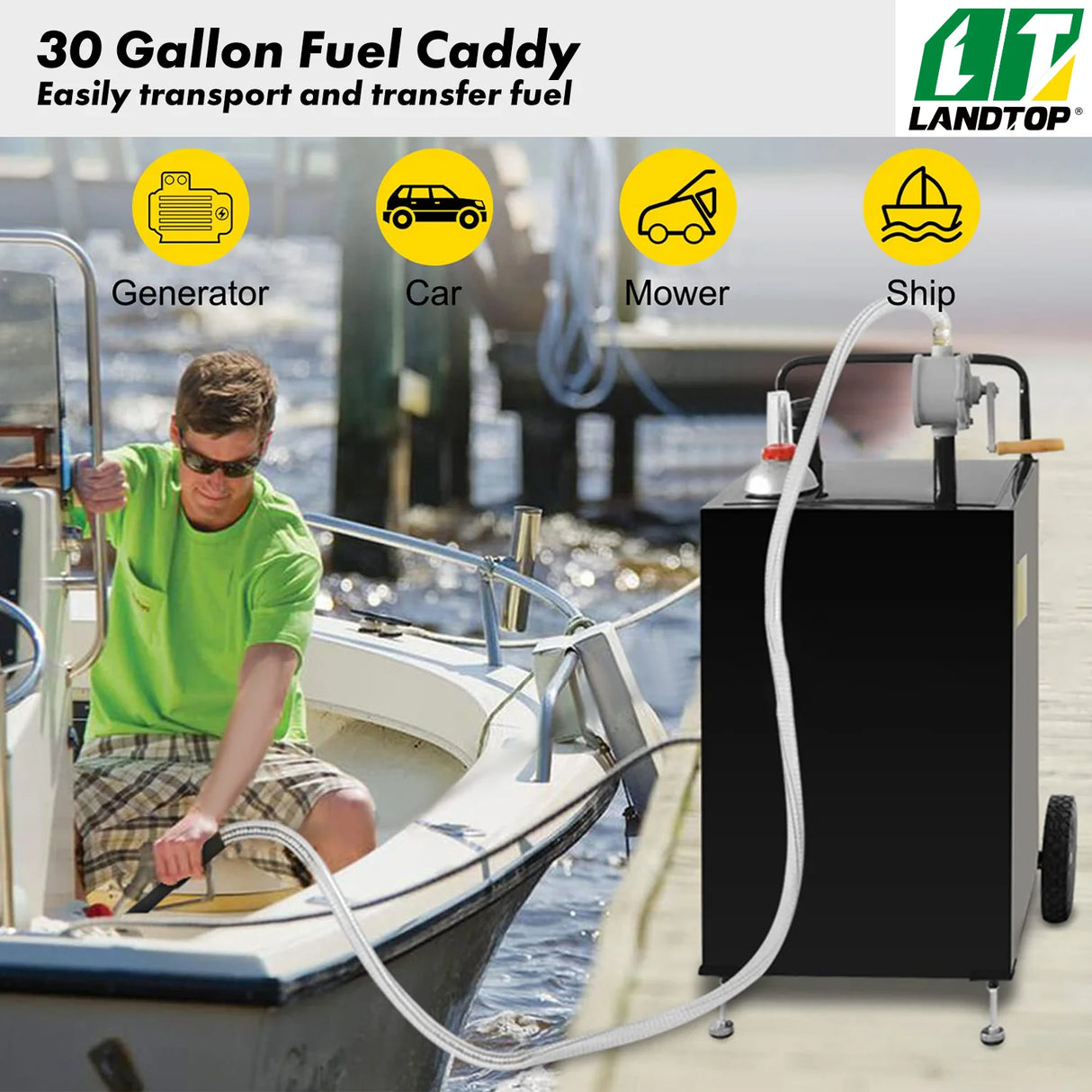 30 Gallon Fuel Caddy, Gas Storage Tank & 4 Wheels, with Manuel Transfer Pump, Gasoline Diesel Fuel Container for Cars, Lawn Mowers, ATVs, Boats, More, Black