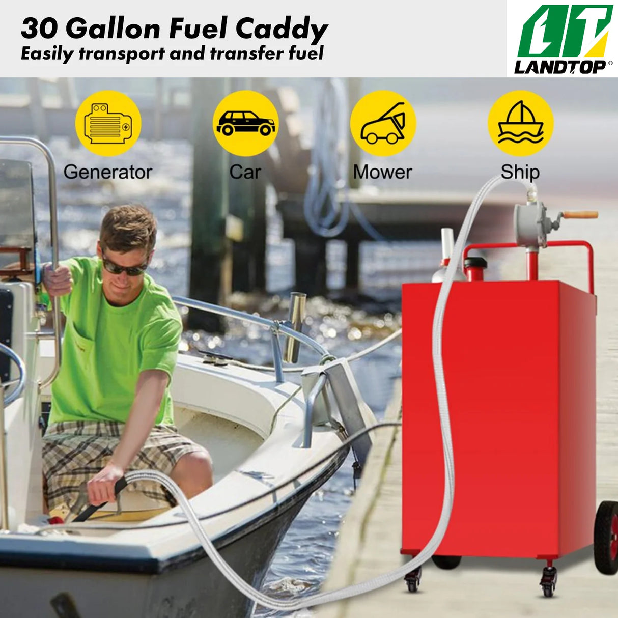 30 Gallon Fuel Caddy, Gas Storage Tank & 4 Wheels, with Manuel Transfer Pump, Gasoline Diesel Fuel Container for Cars, Lawn Mowers, ATVs, Boats, More, Red